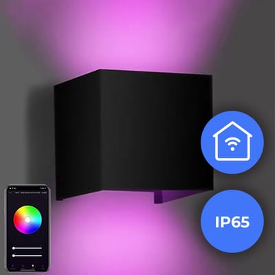 Qube WiFi Wandlamp LED 9Watt ZWART 230Volt IP65 RGB WW-CW