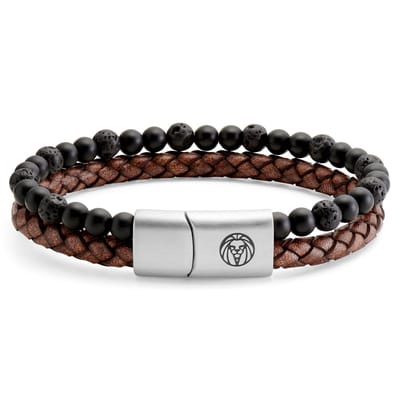 Icon | Armband van Lavasteen, Onyx en Vintage Leer