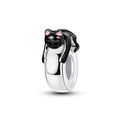 Fler® | Bedel | Past op populaire bedelarmbanden (standaard - 3mm) | Slapende Kat Clipbedel | Hangbedel Charm | 925 sterling zilver | Zwarte & Roze emaille | Valentijnsdag Cadeau | Sinterklaas kado | Kerstcadeau | Verjaardag