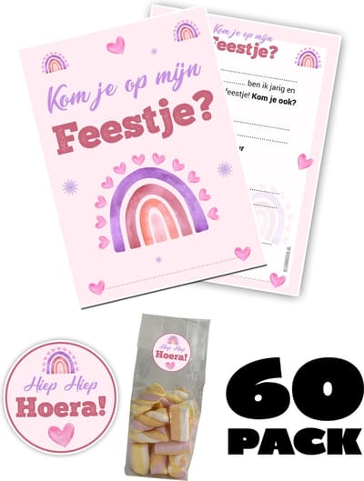 Uitnodiging kinderfeestje Compleet - Voordeelset 60 stuks : 20 uitnodigingskaarten + 20 uitdeelzakjes + 20 stickers - verjaardag feest - Roze Regenboog - Kinderfeestjes