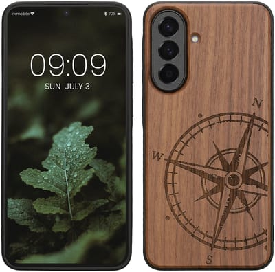 kwmobile telefoonhoesje geschikt voorSamsung Galaxy A37 5G - Hoesje met bumper - hout - In donkerbruin Vintage Kompas design