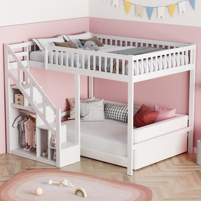 Kinderstapelbed - Valbeveiliging & Houten lattenbodem, 140x200cm kajuitbed voor 2 kinderen, wit, zonder matras