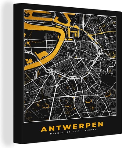 Canvas Schilderij Antwerpen - Stadskaart - Kaart - Goud - Plattegrond - 20x20 cm - Wanddecoratie