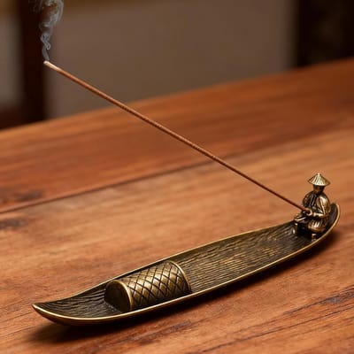 Bootvormige wierookhouder van metaal met Zen-motief voor meditatie, yoga, ontspanning en Feng Shui decoratie in de woonkamer en tijdens theeceremonies