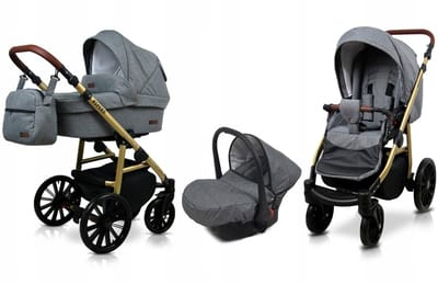 BabyLux® Kinderwagen 3in1 – ASPERO - GREY FLEX - Opklapbare Wandelwagen incl. Reiswieg, Multifunctionele Buggy Sportstoel, Autostoel - Combi-kinderwagen met Luiertas, Regenhoes, Klamboe, Bekerhouder, etc.