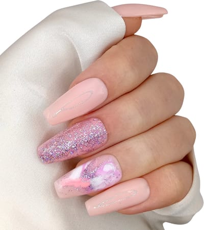 SD Press on Nails - B-140 - Plaknagels - Nagelset 20 Nagels - Nepnagels - Roze Glitter Swirl - Gellak - Nagellak - Lange Coffin Nageltips - Nepnagels met Lijm - Kunstnagels - Nail Art - Handmade - Valse nagels - Nagelvijl - Accessoires - Lange Nagels