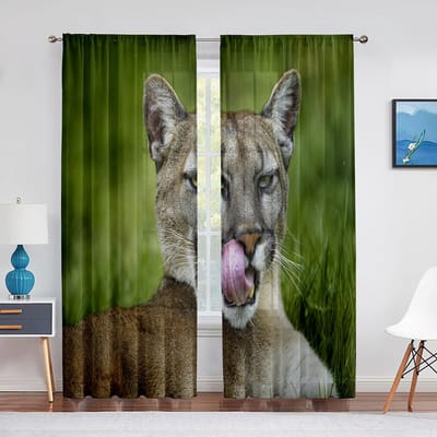 Tijger Tule Gordijnen voor Woonkamer Decoratie Groene Bladeren Wild Dier Transparant Voile Gordijn voor Slaapkamer Keuken Raam Gordijnen Jaloezieën 1 PCS W100XH250cm&Grommet Top