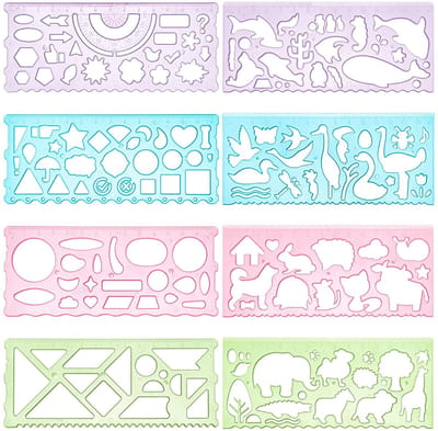 Dailygoods- Schildersjablonen Set van 8 - Educatieve Sjablonen - Kunststof - Dieren/Planten/Geometrische Vormen - 15 cm Tekenliniaal - Kleurrijk - Tekenstencils