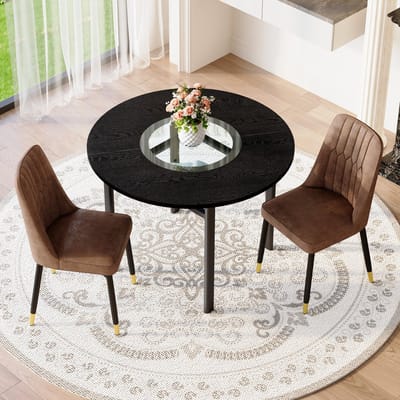 Merax Ronde Eettafelset Ø100 cm - Zwarte Tafel In Houtlook Met Glas Inleg & Glazen Onderblad - 2 Bruine Eetkamerstoelen In Tech-stof - Zwart Metalen Poten