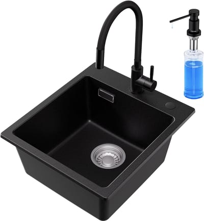 CECIPA max Spoelbak Keuken 40x45cm - Spoelbakken Met Keukenkraan en Zeepdispenser(300ML) - Spoelbak Graniet - Enkele Spoelbak - Spoelbakken Keuken Opbouw - 80% Kwarts Zand Keuken Spoelbak - Zwart