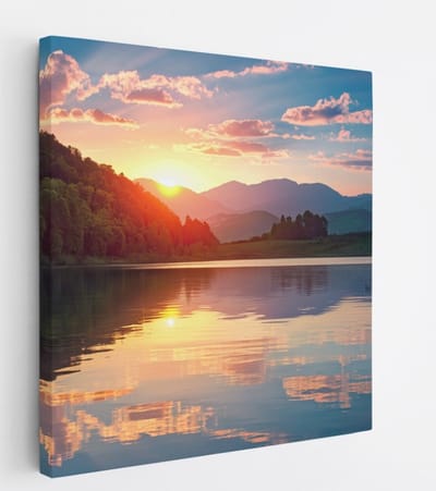 Saammp Canvas Schilderij - Groot meer met zonsondergang - Landschap - Natuur - 20x20 - Foto op canvas - Wanddecoratie - Muurdecoratie Woonkamer - Slaapkamer decoratie - Canvas Print