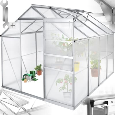 tectake® Aluminium Broeikas - Zonder Fundament - 250 x 185 x 195 cm - Met Schuifdeur en 2 Dakramen - UV-bestendige Tuinkas - Kas met 4mm Polycarbonaat Platen - Kweekkas biedt Bescherming tegen Regen, Wind en Vorst - Hobbykas