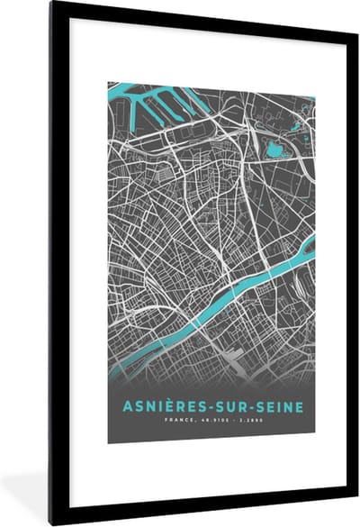 Fotolijst incl. Poster - Plattegrond – Asnières-sur-Seine – Stadskaart – Kaart – Frankrijk - 60x90 cm - Posterlijst