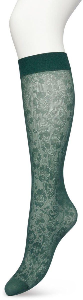 Bonnie Doon Dames Bloemen Panty Kniekousen Donker Groen maat 36/42 - Knie Kousen 20 denier - Gebloemd - Bloemen Print - Perfect draagcomfort - Fancy Flower Knee High - Kniesokken - Zakt niet af - OEKO-TEX - Donkergroen - Trekking green - BP221803.380