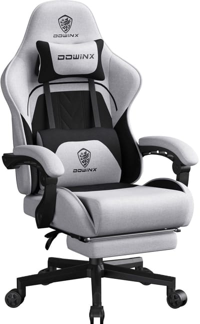 Dowinx Verstelbare Ergonomische Gamestoel met Voetsteun - Bureaustoel met Pocketvering - Gaming Chair van Stof - Hoofdsteun - 150 kg - Linnen zwart-wit