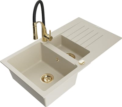 Mexen Matias granieten gootsteen 1,5-kamer met afdruiprek en keukenmengkraan Aster, beige - 6502-69-73450-57-G