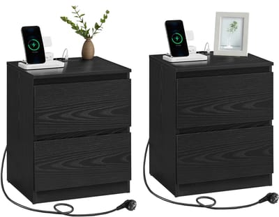 Stervia Nachtkastje met stopcontacten - Set van 2 - Slaapkamer - Ladekast - 2 lades - Bijzettafel - Zwart - 35 x 40 x 49 cm