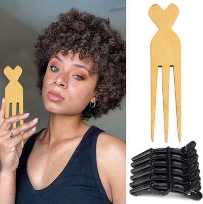 Set van 6 Houten Afro Kammen met Brede Tanden en Krokodillenklemmen voor Vlechten en Styling
