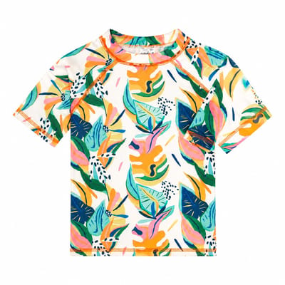 Ducksday - UV-Zwemshirt voor baby - UV-werend UPF50+ - Rashguard met Korte mouwen - unisex - Moana - Tropsiche print - maat 1 jaar