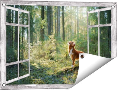 Gards Tuinposter Doorkijk Retriever Hond in het Bos met Zon - 60x40 cm - Tuindoek - Tuindecoratie - Wanddecoratie buiten - Tuinschilderij