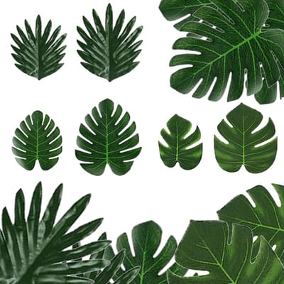 Bladeren, 48 stuks, tropische bladeren, decoraties, Monstera-bladeren, groene palmbladeren voor Hawaï-strandthema. Tropische jungle-feestdecoraties (6 maten)
