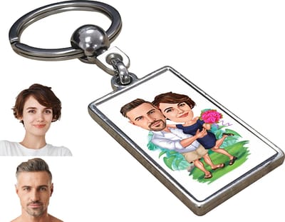Liefde Karikatuur met Bloemen - Gepersonaliseerde Karikatuur Sleutelhanger met Jouw Foto - Cadeau - Verjaardag - Kerst - Kado - Valentijn - Gepersonaliseerd Cadeau