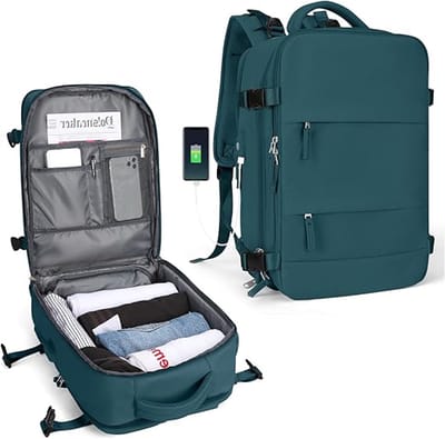 Famanu Grote Reis Rugzak Vrouwen, Carry On Rugzak Mannen, Wandelen Rugzak Waterdicht Buitensporten Rugzak Casual Daypack Fit 14 Inch Laptop Reizen rugzak Cabin Grootte Met Schoenen Compartiment, Pauwblauw