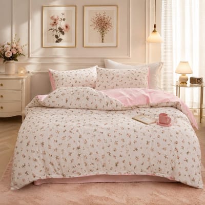 Beddengoed 135x200 4-delig, roze met witte bloemen en bladeren, omkeerbaar, allergievriendelijk, ÖKO-TEX dekbedovertrek met ritssluiting en 2 kussenslopen