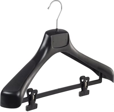 De Kledinghanger Gigant - Mantelhanger - Kostuumhanger - Jassenhanger - Volwassenen - ETR43 - 50 Stuks - Kunststof - Zwart - Gebogen Model - Schouderverbreding 7,4 cm - Anti-slip Knijpers - 43 cm - Kledinghanger - Kleerhanger - ETR-Serie