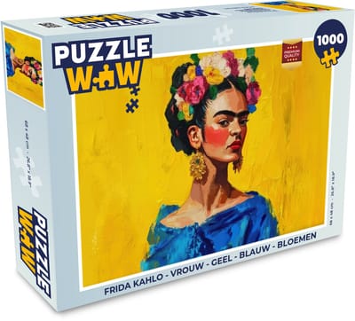 Puzzel Frida Kahlo - Vrouw - Geel - Blauw - Bloemen - Legpuzzel - Puzzel 1000 stukjes volwassenen