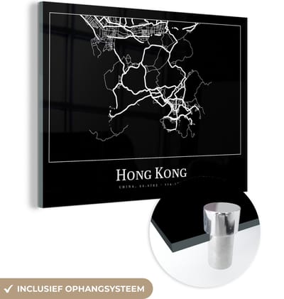 MuchoWow® Glasschilderij 120x90 cm - Schilderij acrylglas - Hong Kong - Kaart - Stadskaart - Plattegrond - Foto op glas - Schilderijen