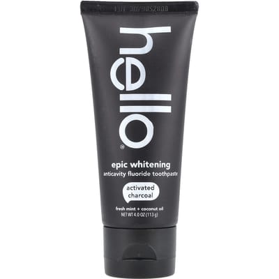 Hallo, Activated Charcoal Epic Whitening Fluoride Tandpasta met Cool Mint en Kokosolie, 4,0 oz (113 gr) black