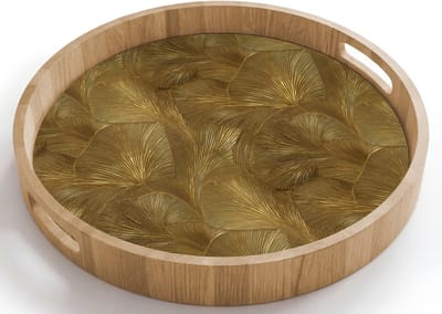 Dienblad rond 40x40 cm - Schootdienblad hout - Organisch - Lijnen - Goud - Borrelplank rechthoek - Plateau houten dienbladen
