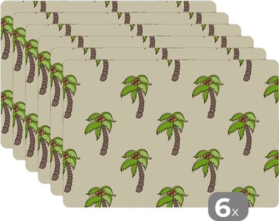Placemat - Placemats kunststof - Palmboom - Patronen - Kokosnoot - Tropisch - 45x30 cm - 6 stuks - Hittebestendig - Anti-Slip - Onderlegger - Afneembaar