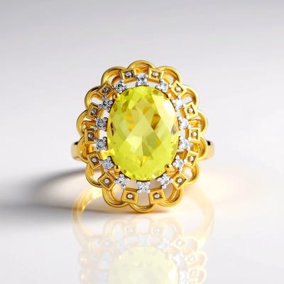 Cavill - Vergulde 925 Sterling Zilver Ring - 7,65 ct Ovale Ouro Verde Kwarts - 14 Zirkonen - Elegante Braziliaanse Edelsteen - Maat 18-20