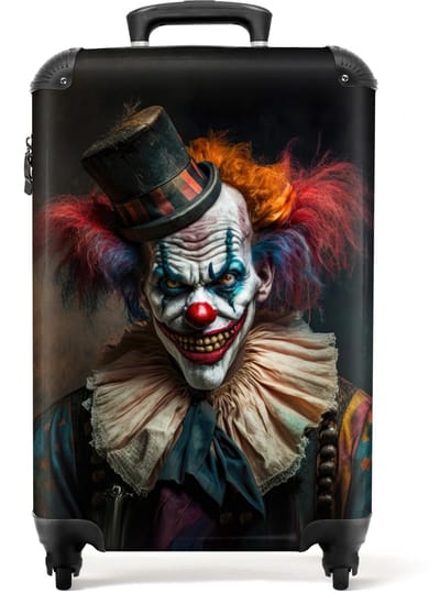 NoBoringSuitcases.com - Trolley - Reiskoffer - Hardcase koffer - Killer clown - Kleding - Kostuum - Blauw - Rood - Oranje - Lichtgewicht - TSA slot - Trolley op wieltjes - Past binnen 55x40x20 cm en 55x35x25 cm - Koffertje - Handbagage - Kofferslot