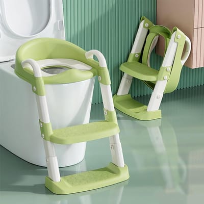 Inklapbare wc-verkleiner met ladder voor kinderen - Hoogte verstelbare toiletladder met handvat en comfortabele zitting - Groen