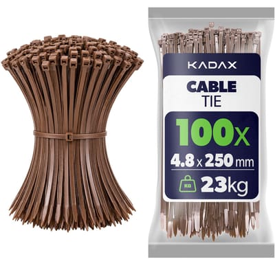 KADAX Kabelbinders 250mm x 4.8mm Bruin – set van 100 stuks, nylon kabelbinders met 22kg trekkracht voor veilig kabelbeheer in huis, tuin, werkplaats en kantoor