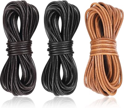 3 rollen 5 m x 2 mm lederen koorden, koeienhuid ronde lederen koord voor het maken van sieraden, zwart, donkerbruin, natuurlijk bruin lederen koord voor kettingen, armbanden, dromenvanger maken