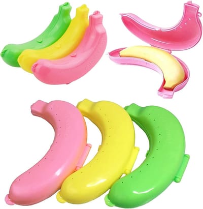 Famanu – Set van 3 bananenboxen – Kleurrijke kunststof bananentrommels – Geel, groen en roze – Herbruikbaar