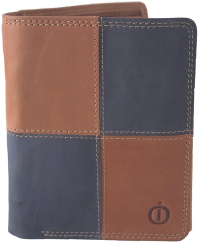 OI licht bruin-blauw lederen heren portemonnee / cognac-blauw geblokte leren billfold hoog model / beurs voor veel pasjes / RFID SAFE / 175
