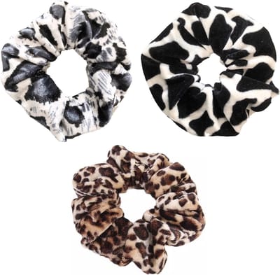 Scrunchie 3 stuks Velvet Extra Vol en Luxe - haarelastiek haarwokkel scrunchies - koeienprint - panterprint grijs/wit - panterprint bruintinten  - Kraagjeskopen.nl