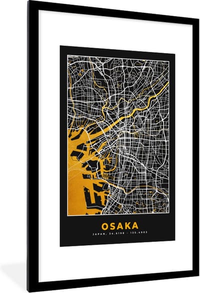 Fotolijst incl. Poster - Osaka - Kaart - Stadskaart - Plattegrond - Goud - 80x120 cm - Posterlijst