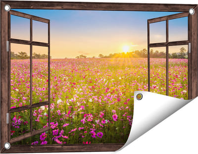 Gards Tuinposter Doorkijk Bloemenveld met Roze Kosmos - 60x40 cm - Tuindoek - Tuindecoratie - Wanddecoratie buiten - Tuinschilderij
