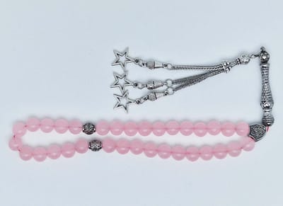 Handgemaakte tesbih klassiek - "Tasbih" natuursteen "Roze kwartz" - Aantal kralen 33 - Diameter kralen 8 MM - met metaal tassel "Sterren" - Een mooi cadeau-idee