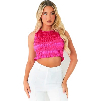 Missy Empire Mouwloze, korte top van gekreukt satijn voor dames (Roze)