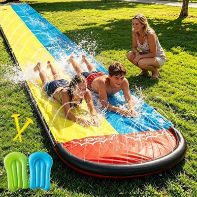 Waterglijbaan voor kinderen - Opblaasbare glijbaan - Zomerplezier buiten - Dubbele glijbanen - 480 cm lang - Geel blauw