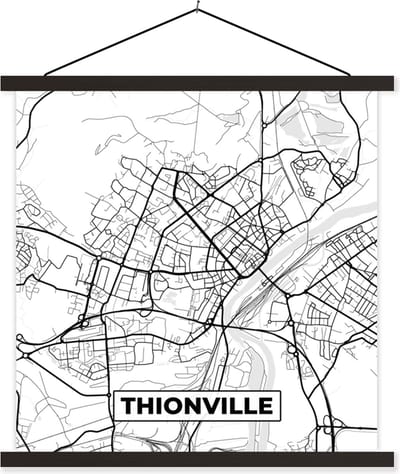 Posterhanger incl. Poster 60x60 cm - Schoolplaat - Stadskaart - Thionville - Frankrijk - Kaart - Plattegrond - Zwart wit - Textielposter - Zwarte latten - Stadskaart