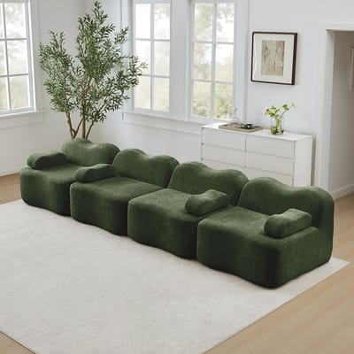 BLACKCOLORS Modulaire 4-zitsbank Boneless, golvende vorm, schuim met hoge dichtheid 32D, diepe zitting, verplaatsbaar armleuningkussen, ideaal voor de woonkamer, groen
