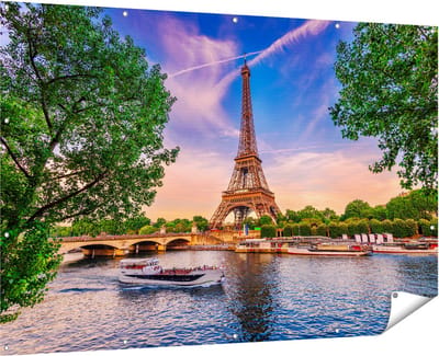 Gards Tuinposter Eiffeltoren in Parijs aan het Water - Kleur - 180x120 cm - Tuindoek - Tuindecoratie - Wanddecoratie buiten - Tuinschilderij